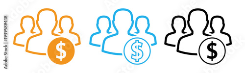 Three colored icons representing people and money