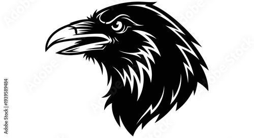 Stylized black and white illustration of a bird head with sharp beak and detailed feathers in a graphic design style