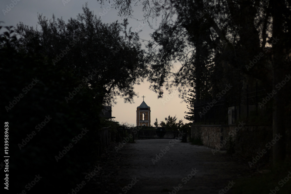 Obraz premium Church bell tower silhouette at twilight with framing trees