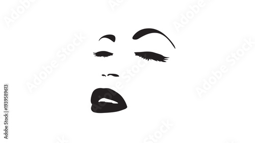 Face expressive black silhouette with closed eyes and open lips... featuring white, graphic, art with eyelashes and eyebrows elements for mouth,