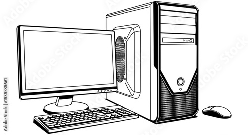 Desktop computer setup with monitor tower keyboard and mouse displayed on a clean white background