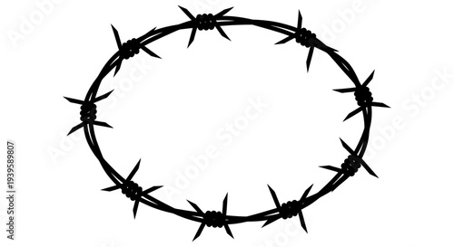 Barbed wire forming a perfect circle on a white background symbolizing restriction and confinement in a simple yet powerful visual representation.