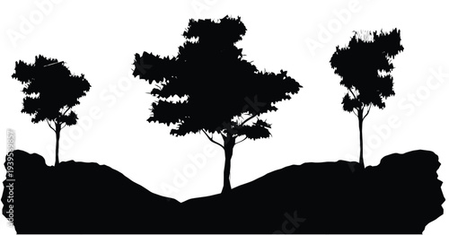 Silhouette of trees and rolling hills in a black and white design.  Distinct black silhouette landscape scenes featuring rolling hills trees and mountain, vector illustration.