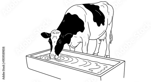 Cow standing in rectangular feeding trough eating feed in simple black and white illustration for agricultural education or dairy farming context