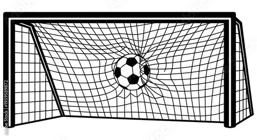 Soccer ball scoring a goal in a football net illustration on a white background with clean lines and simple design elements