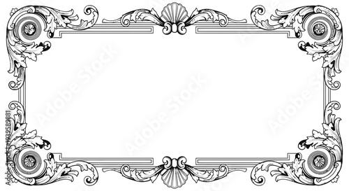 Elegant black and white decorative frame design with ornate details and floral elements for classic invitations and certificates