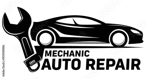 Professional mechanic auto repair service logo featuring a sleek car and adjustable wrench symbolizing expertise
