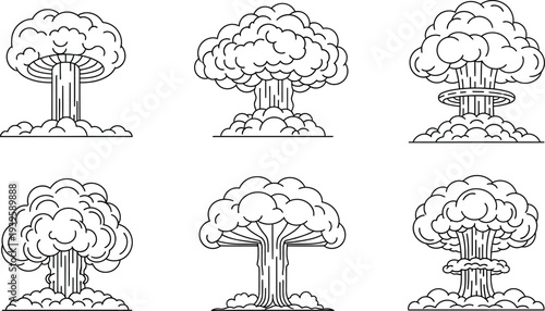 Set of outline vector mushroom cloud illustrations depicting atomic bomb explosions and their destructive power suitable for historical warning or danger-themed designs
