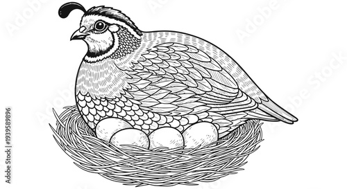 Quail sitting on top of three eggs in a nest illustration artwork for wildlife conservation and nature lovers