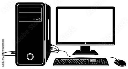 Desktop computer setup with tower monitor keyboard and mouse on a white background ready for use