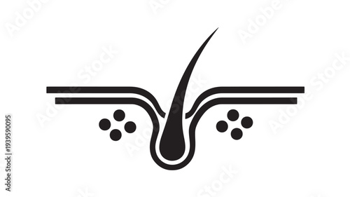 Hair follicle icon with skin layers and sebaceous glands, scientific diagram of human hair root structure, isolated black symbol on white background.