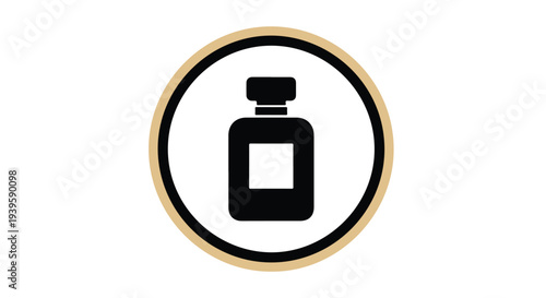 Flat design icon of a perfume bottle in a black and gold circle on a white background.