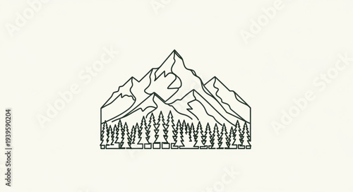 Minimalist Line Drawing of Mountain Landscape with Forest.