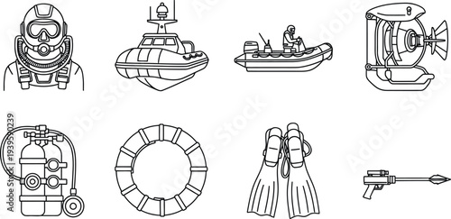 Collection of diving and marine equipment outline icons featuring scuba gear boats and water safety items perfect for adventure and rescue themed designs