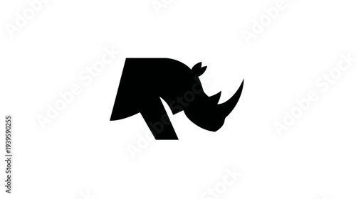 Modern minimalist black rhino head silhouette integrated with letter R on white background. Creative vector icon and logo design element.