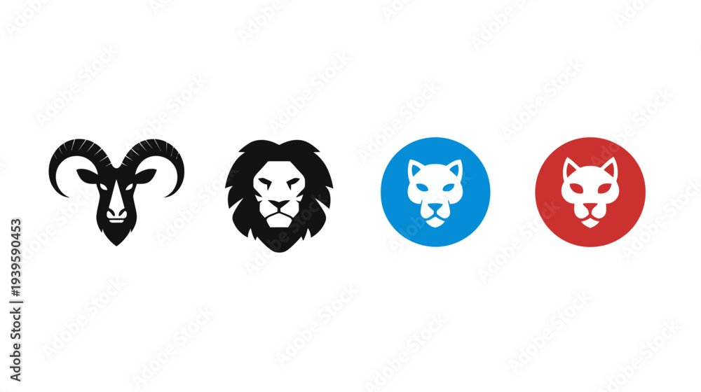 Obraz premium Collection of animal head icons: black ram, lion, and stylized big cat symbols in blue and red circles. Vector illustrations.