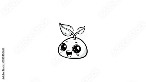 Cute cartoon sprout character smiling. Adorable seedling with happy face and leaves. New life, growth, nature, black and white illustration.