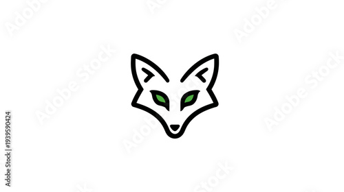 Minimalist Fox Head Illustration with Green Eyes. Simple Line Art Animal Icon, Graphic Design Element, or Logo Concept.