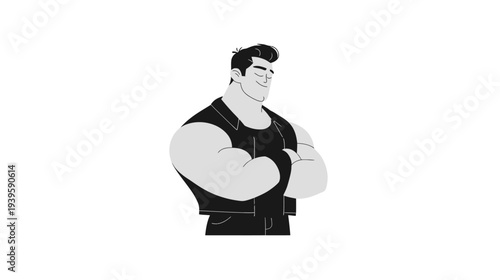 Strong muscular man character with arms crossed, confident and powerful. Animated male illustration in a proud pose.