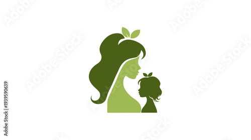 Green silhouette of mother and child with leaves, symbolizing nature, family, growth, organic health, and natural care.
