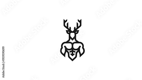 Minimalist line art illustration: muscular male torso with a deer head and antlers. Symbolizing strength, power, nature, and fitness.