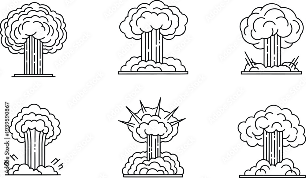 Fototapeta premium Set of minimalist nuclear explosion mushroom cloud icons flat line art vector symbols for warning danger and war concepts in modern design