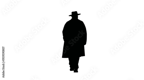 Full length silhouette of a mysterious man wearing a trench coat and fedora hat, walking away, isolated on a white background.