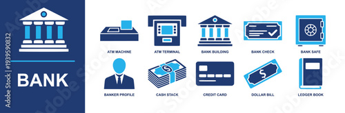 Bank icon set. Containing atm machine, atm terminal, bank building, check, safe, banker profile, cash stack, credit card, dollar bill, ledger book and more. Solid fill vector icons