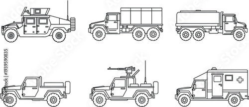 Diverse set of military and tactical transport vehicles rendered in a clean outline vector style suitable for defense security and logistics design elements