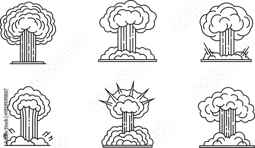 Set of minimalist nuclear explosion mushroom cloud icons flat line art vector symbols for warning danger and war concepts in modern design