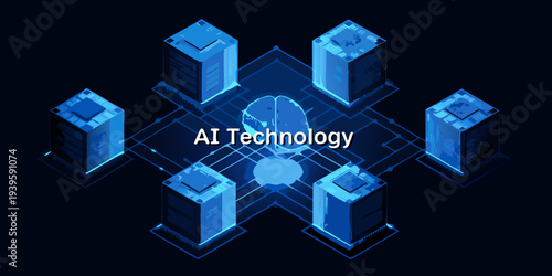 Artificial intelligence network with servers and a glowing human brain