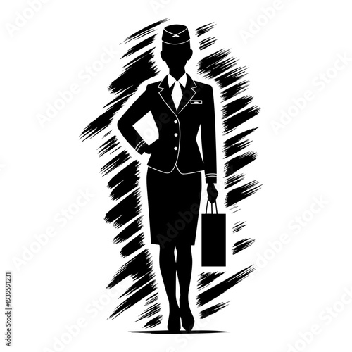 Flight attendant silhouette stands gracefully, rendered with abstract strokes. Professional flight attendant silhouette in uniform holds bag, symbolizing airline crew.