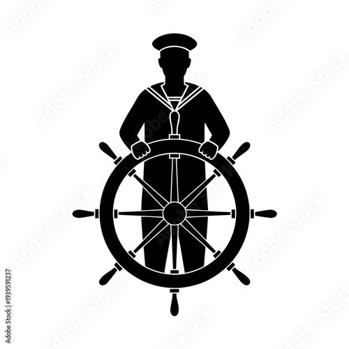 Minimalist silhouette of a sailor steering ship wheel on clean white background. Seaman stands with hands on helm, commanding direction. Sailor steering ship wheel represents guidance, leadership.