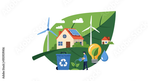 Sustainable Future: Eco-Friendly Home with Solar & Wind Power, Recycling, and Nature Conservation