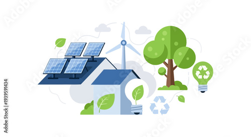 Renewable Energy Home Concept: Eco-friendly House with Solar Panels, Wind Turbine, Green Tree, and Sustainable Solutions for Environmental Protection