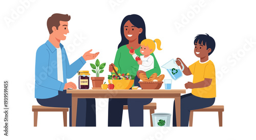 Diverse Family Preparing Healthy Meal with Focus on Sustainable Living and Mindful Eating Habits, Vector Illustration