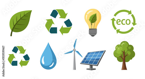Eco-Friendly & Renewable Energy Icons: Sustainability, Recycling, Solar, Wind, Water Conservation & Nature Symbols
