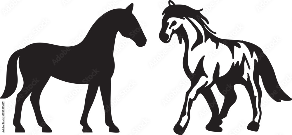 Fototapeta premium Two horses are depicted in contrasting styles one solid black silhouette and the other a detailed patterned design high quality professional