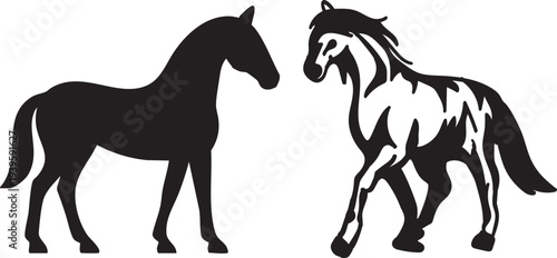 Two horses are depicted in contrasting styles one solid black silhouette and the other a detailed patterned design high quality professional