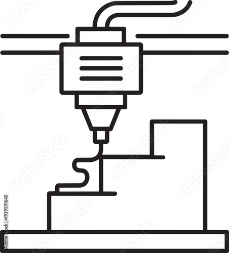 three dimensional printer or complex computer numerical control machine cutting stepped profile industrial engineering vector icon isolated