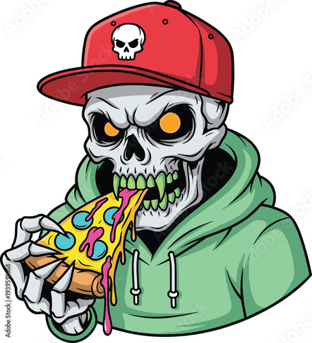 Cartoon Skeleton Character Wearing Red Baseball Cap and Green Hoodie Eating Delicious Pizza Slice Vector Illustration for Halloween Party Food and Urban Streetwear Concept