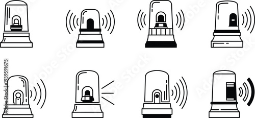 Set of emergency siren and alarm light icons featuring minimalist line art vector designs ideal for security systems alerts and mobile app interfaces