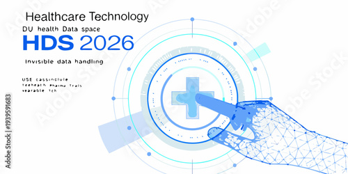 Healthcare technology conference logo featuring a hand interacting with data