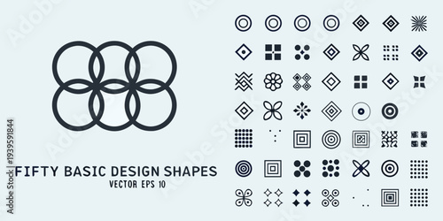 Collection of fifty basic geometric design shapes in grayscale