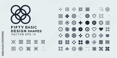 Collection of fifty basic geometric design shapes in blue monochrome
