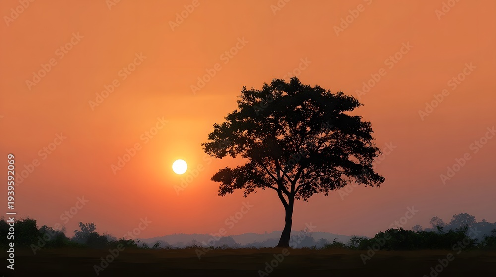 Obraz premium Majestic tree silhouette basking in the warm vibrant glow of a sunset over a tranquil landscape