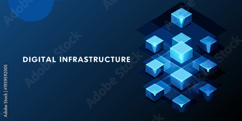 Abstract digital infrastructure concept with layered blue isometric cubes