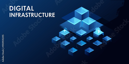 Abstract digital infrastructure concept with stacked blue cubic shapes
