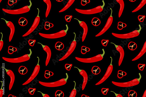 Red hot chili pepper seamless pattern with slices on black background, spicy food vector