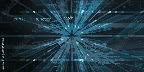 Abstract digital explosion with code fragments radiating from a central point